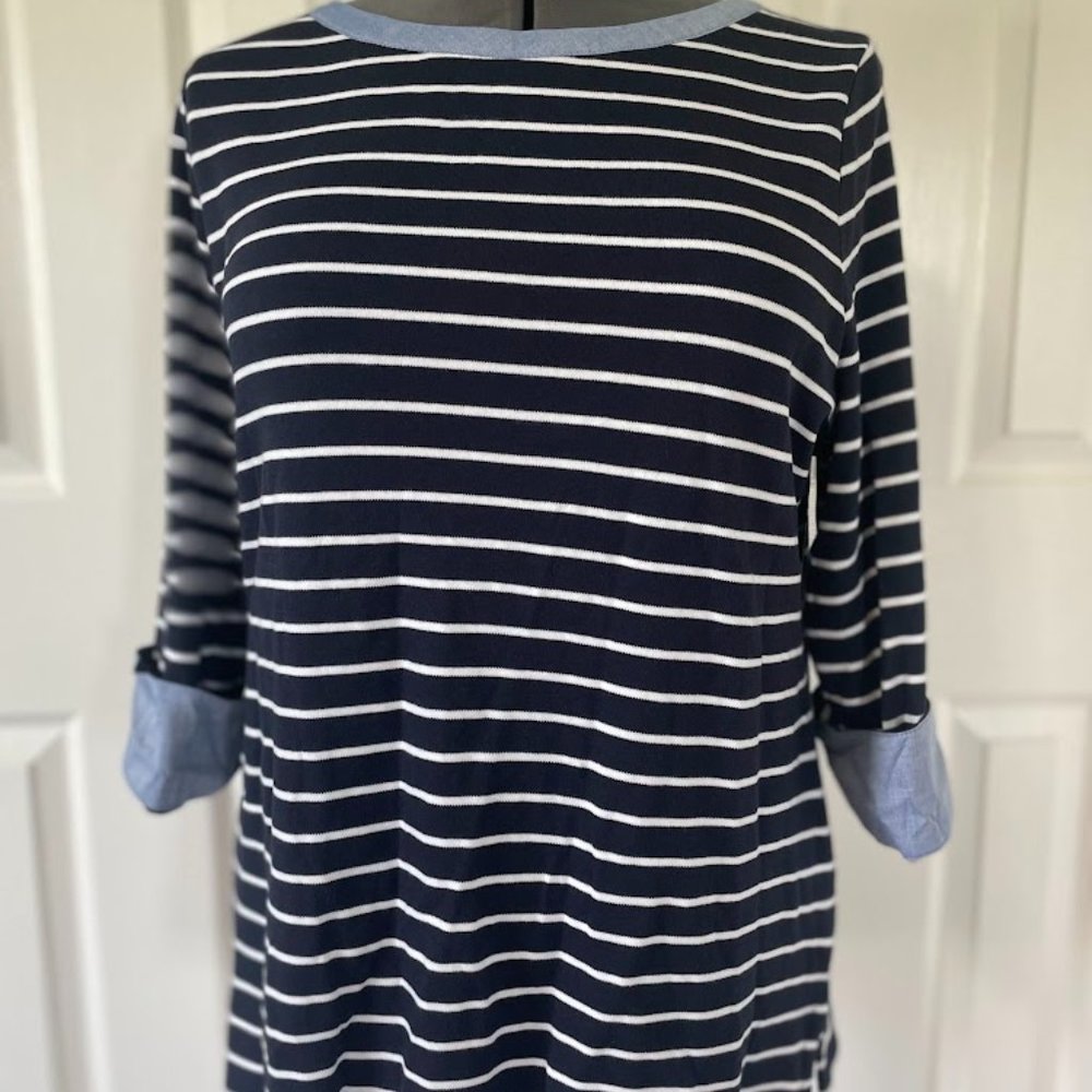 Nautica 3/4 Cuff Sleeve Striped Knit Top w/ Linen Detail XL (Navy)